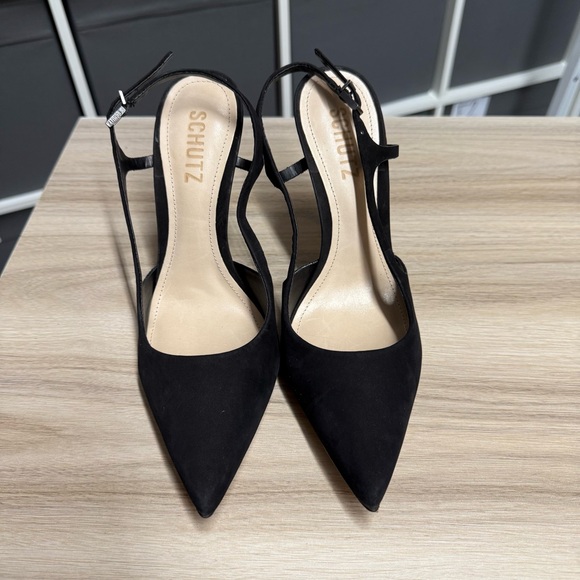 SCHUTZ Black Pointed Slingback Suede Heels - Picture 4 of 10